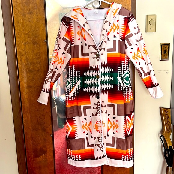 New condition! Great aztec button up coat! Two pockets and hood! - Picture 1 of 4